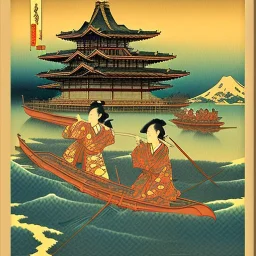 Ukiyo-e styled art, stream, mountain, sun, family on a boat