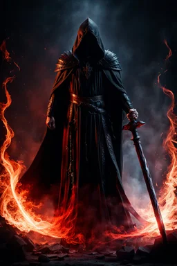 the blood dripping sorcerer known as The Shadow of Death carrying the staff of destruction. black fire. fantasy art, Cinematic lighting, Volumetric lighting, Epic composition,