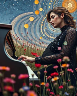"Midnight Serenade unique" low view angle shot down wild flowers field , large close up a beautiful young woman with a black dress , wearing a cool black like a rocker style and playing the piano , granite terrazzo motifs with puzzle modern clothing is decorated with colorful filigree abstract, Collage chutes papiers magazines,Spirograph background by Nisa Kiley, Textile Artist