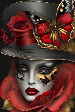 butterfly rose red and black with gold face and hat