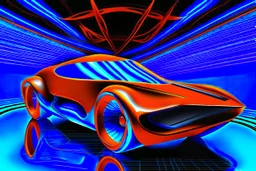 award winning car and driver photograph of a futuristic station wagon designed by only one vehicle per image painted metallic orange traveling at a high rate of speed, jet intake off of front center of vehicle and jet exhaust out the rear with bright blue flame, bilaterally symetrical, more a high speed road vehicle