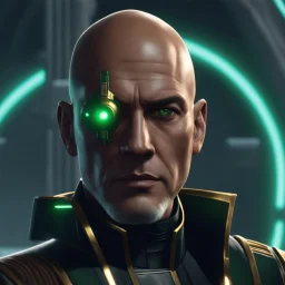 star wars bald male corellian jedi pilot wearing gunmetal grey and black old republic armored robes with gold trim inside the jedi temple holding a lightsaber with viridian green blade in left hand, centered head and shoulders portrait, hyperdetailed, dynamic lighting, hyperdetailed background, 8k resolution, volumetric lighting, light skin, fully symmetric details