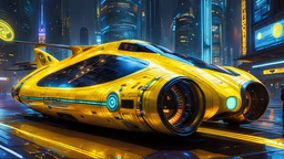 A masterpiece conceptual digital painting of a prototype, experimental, yellow(((Pac-Man)))-attack craft, with illuminated holographic eyes, pinstripes, and detailed LED light accents, in a glossy cyberpunk background, Syd Mead art style, sci-fi, cyberpunk, game art, intricate details, HDR, beautifully shot, hyperrealistic, sharp focus, dim foul lighting, 64 megapixels, perfect composition, high contrast, cinematic, atmospheric, moody.