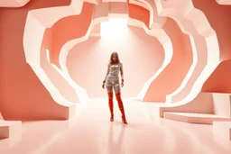 beautiful full body with long boots lady in surreal stage made of random size polygonal recursive 3d objects with contrasting color strips ,in clothing similar to environment full body posing to camera,infinite world of strange