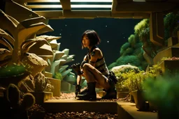 Unground underpunk and solarpunk tunnels, cinematic, extreme dof, dystopian, sci-fi, award-winning, Yui working hard in a garden, National Geographic, breath taking, oxygen farm but outside is a desert, fantasy, magical, geometry