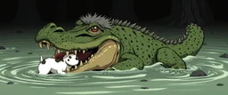 realistic anime crocodile hippo dog witch with fluffy hair, doing dog things and eating small dog in the style of fallout 4 and giger and escher