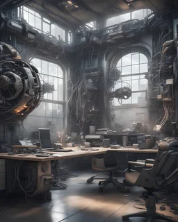 Futuristic office made with engine parts and wires dysoptia cyberage HAWKEN postapocalyptic dysoptia scene photorealistic uhd 8k VRAY highly detailed HDR
