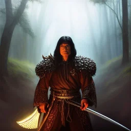 Ultra detailed fullbody Portrait in oil on canvas of Demonslayer,extremely detailed digital painting, extremely detailed face,crystal clear Big Glowing eyes, mystical colors ,perfectly centered image, perfect composition, rim light, beautiful lighting, 8k, stunning scene, raytracing, anatomically correct, in the style of robert e howard and Ken Kelley and Ohrai Noriyoshi and Simon Bisley and tomzj1