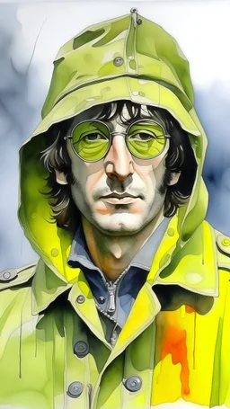 Militar artista con rulos con lentes de John Lennon vistiendo una gabardina