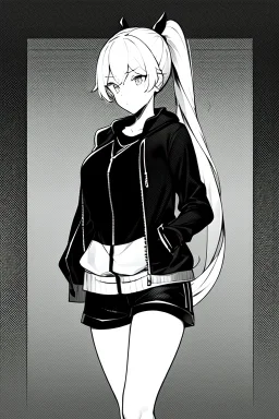 blonde girl with ponytails dressed in a jacket and shorts walk in dark corridor, greyscale