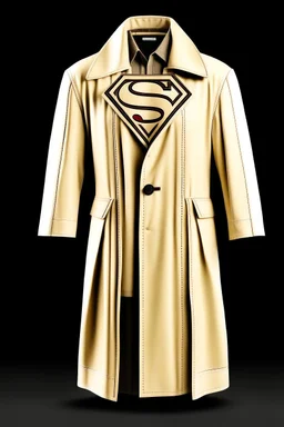 Men's Superman's Zeta1 Winter trenchcoat elegant inspired by Superman's emblem design beige tones with dual color on a white background, product catalog photography, soft spot lighting, depth of field, 4k –ar 3:5 –q 2