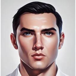 mysterious youthful Russan male, man, dark and intriguing, confident, intense, handsome, cartoon style, dark black short hairs, white shirt, white paint background, white man, The head looks straight ahead