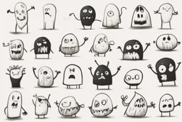 make a bunch of simple hand-drawn spooky and cute cartoon characters with bodies arms, and legs I could draw and make them all different