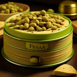 A round box of small halva with pistachios around it