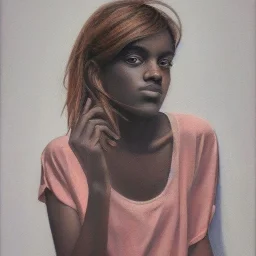  100 % modern conceptual art, realistic portrait oil painting by Kris Knight, of a beautiful 18 year old woman , front view centered 3/4 figure symmetrical and cinematic side lighting, red rimmed eyes with dark cir precise brushstrokes and subtle blended variations in skin color temperature, perfectly proportioned female figure elegantly posed and wears contempory casual clothes, short tangled hyper-realistic detailed jet-black hair with bangs! Perfectly symmetrical facial features ,cgsociety,