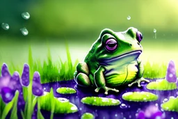 3D close-up of a very cute fluffy plushy chibi plush frog hiding from the rain under a spotted mushroom, puddles in front, grass and violets next to him, 3d effect melting watercolour on wet inked paper, black ink outline in sunshine, ethereal, cinematic postprocessing