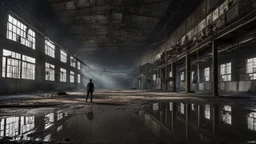 in an industrial setting, a long-closed factory, high ceiling, to huge metal tanks, hanging chains, dirty objects, dust, in the dim light, broken large glass windows, scary place, in the foreground of the picture is a falling figure in the factory, suicide or murder, shadows, slanted light, a Eerie place abandoned for many years, thriller-like depiction, dark colors, black, dark blue, gray, metallic colors, sharp focus, detailed image, creepy atmosphere, thriller