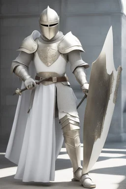 Picture of a knight wearing white armor and white cape with white helmet, holding sword and a shield