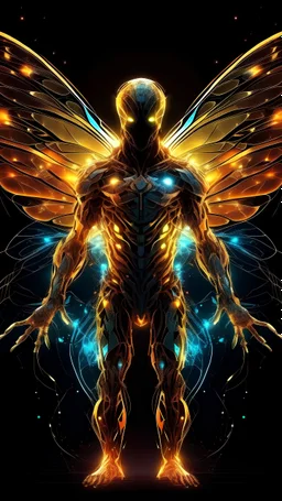 A man's entire body is shaped like a dragonfly, wearing armor made of fire and sparks flying around him, and he has luminous glass wings. Its luminous and sparkling body, lots of lights in all colors, with the idea of ​​Star Wars, high resolution, real drawings, a fictional idea.