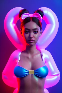 Ultra Realistic image, woman with muppet bikini dress, portrait, normal complexion, natural small busty, traditional big Japanese tattoo, two muppet bows hair ,black eye long liner, inflatable, gold pink and blue style, spray line glow make up, geometric led jewelry, fog, hot, inflatable style latex coat, vibrant color, highly detailed, art stations, concept art, smooth, unreal engine 5, god rays, ray tracing, RTX, lumen lighting, ultra detail, volumetric lighting.