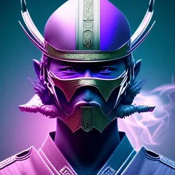 samurai purple masked villain in galaxy, teal and purple smoke, detailed, realistic, 4k