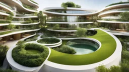 A unique residential complex designed as a large, smooth torus (doughnut) shape. The circular structure encloses a lush, green courtyard, and the outer walls are a mix of glass and vegetation. The curvature of the torus creates a sense of fluidity and unity, with the apartments arranged to follow the continuous curve of the building. Award-winning photograph.