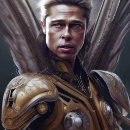 Brad pitt, male, rusty metal, feathers, Dryad, fae, sidhe, ominous, nature, plants, wildflower, facepaint, dnd character portrait, intricate, oil on canvas, masterpiece, expert, insanely detailed, 4k resolution, retroanime style, cute big circular reflective eyes, cinematic smooth, intricate detail , soft smooth lighting, soft pastel colors, painted Renaissance style