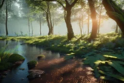 super woods with abundant water with high details of forest well lit with sunlight and with diversity of plants