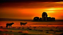 Karakul sheep grazing at dusk on endless meadows, their silhouettes outlined against the purple and orange sky, golden dust rising with their movements, mastiffs watching the flanks of the flock, ancient ruined hermitage as a silent witness, stars beginning to appear, pastoral impressionist style