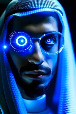 An Arab man with a robot head integrated with a luminous blue laser with an eye