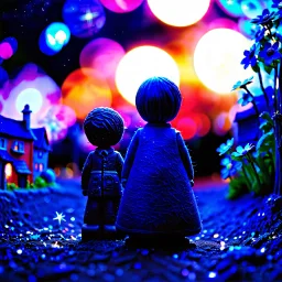 Detailed people, creepy street made of modeling clay and felt, village, stars, galaxy and planets, sun, volumetric light flowers, naïve, Tim Burton, strong texture, extreme detail, Yves Tanguy, decal, rich moody colors, sparkles, Harry Potter, bokeh, odd