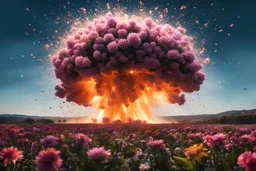 Atomic explosion, made of flowers, ULTRA REALISTIC, details, intricate detail, professional lighting, film lighting, 35mm, anamorphic, lightroom, cinematography, bokeh, lens flare, film grain, hdr10, 8k, Roger Deakins, incredibly detailed, reflect, sharpen