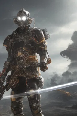 Close image of Anime depiction of a cybernetic samurai in a post-apocalyptic setting, focusing on the intricacies of the armor and weaponry, 8k realistic