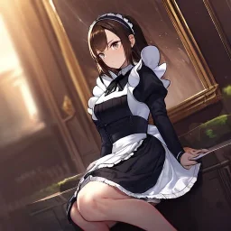 Clear focus, High resolution, girl wearing a maid outfit, medium length dark brown hair, sitting down, angry, wearing a medium skirt