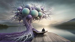 back to the camera a figure sittings on amorph bench in a beautiful landscape and overlooking the water of the nearby lake, calm, harmonious atmosphere, muted dark colors, purple, white, gray, green, blue, brown, silver, black , ,not too colorful colors, Whimsical style and giant stunning neuron network all over the sky, half shadow and half light picture, surreal stunning vibe