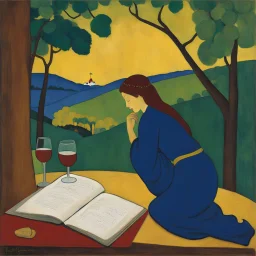 [art by Paul Sérusier] In the fading light, Maria embraced completion: Merlot, Chardonnay, Baileys, wum, Valiuminun scriptins, choclutz. A symphony of flavors and memories unfolded, Each sip and bite a step towards inner peace. Tranquility found in finishing what she started, A moment of clarity in the chaos of life. In completion, she discovered the beauty of existence, A melody waiting to reach its final note.