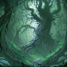 Generate an eerie forest with twisted trees, vines, and otherworldly elves hidden in shadows. The ground is covered in moss and leaves. A haunting chorus echoes in the distance. The overall mood should be mysterious and unsettling. Avoid modern elements or bright colors. There has to be shadows in the tops of the trees or behind the trees.