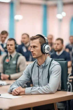 A simultaneous translator of Slavic appearance is sitting at a table with headphones with a microphone at a briefing, in a large hall, there are a lot of people around, the background is blurred, everything is in pastel light colors