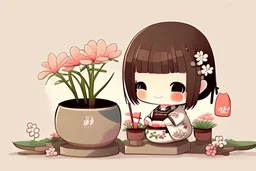 contented cute chibi girl making ikebana