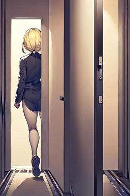 blonde girl runs in a corridor, back view, line arts, manga style