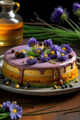 honey cake with blackberry cream and lavender curd, decorated with lavender flowers