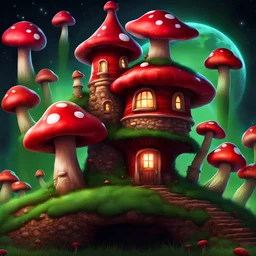 colorful red and green mushroom house on a tall dirt pillar with a grassy top in outer space. stars, grass, mushroom house, dirt pillar. Detailed gloss Painting, rich color, fantastical, intricate detail, splash screen, hyperdetailed, insane depth, concept art, 8k resolution, trending on artstation