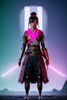 portrait, Asian cyborg woman, samurai warrior :: symmetry photography, cyberpunk style, pink hair, perfect eyes, black samurai army, katana, japanese traditional ornaments, pink, white, black, glow eyes, cinematic, Ultra realistic, dark scene, soft color, highly detailed, unreal engine 5, RTX, ultra detail, 3d, finely drawn, high definition.