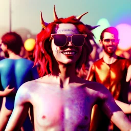 Ultra Realistic photo, medium shot view, drunken dancer naked woman, carnival scene, monster hair, steampunk. Red hair, confeti, Sunglasses, smile, happy, festival, gradient color fog. highly detailed, concept art, unreal engine 5, ray tracing, RTX, lumen lighting, ultra detail, volumetric lighting, 3d, finely drawn, high definition, high resolution.