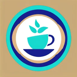 A circular logo with the name (ZAHA) designed for a cafe with the sun symbol and turquoise and indigo color and a coffee bean and a coffee cup at the bottom of the logo.