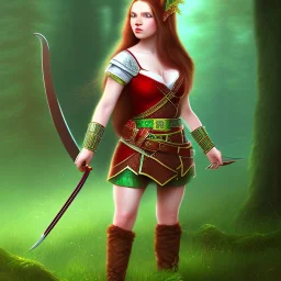 Halfling, woman, full body, red braid hair, adventurer, green eyes, magic