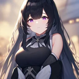 Clear focus,High resolution, Black long fluffy hair, long bangs, and purple eyes, Depressed girl, wearing a white short skirt,sleeveless,cut sleeve, frowning, grey bow, Extreme Close up