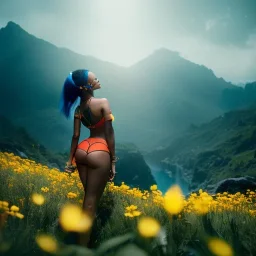 Rihanna as smurf with yellow flowers for hair,zoom eyes, closed eyes, rtx, reflection, 8k, glow, winning photography, caustics