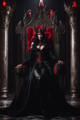 Realistic Photography Horror Art of The majestic Dark Beautiful Devil Queen,red eyes bright,dressing black gown sits on his throne, in darkness palace background