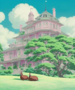 victorian house, rabbits playing hide and seek, pink clouds